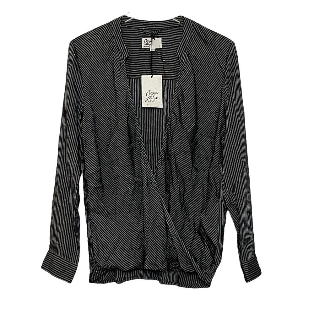 NWT Cosmic Blue Love Stitch Fix Metallic Striped Faux Wrap Top Sz. S